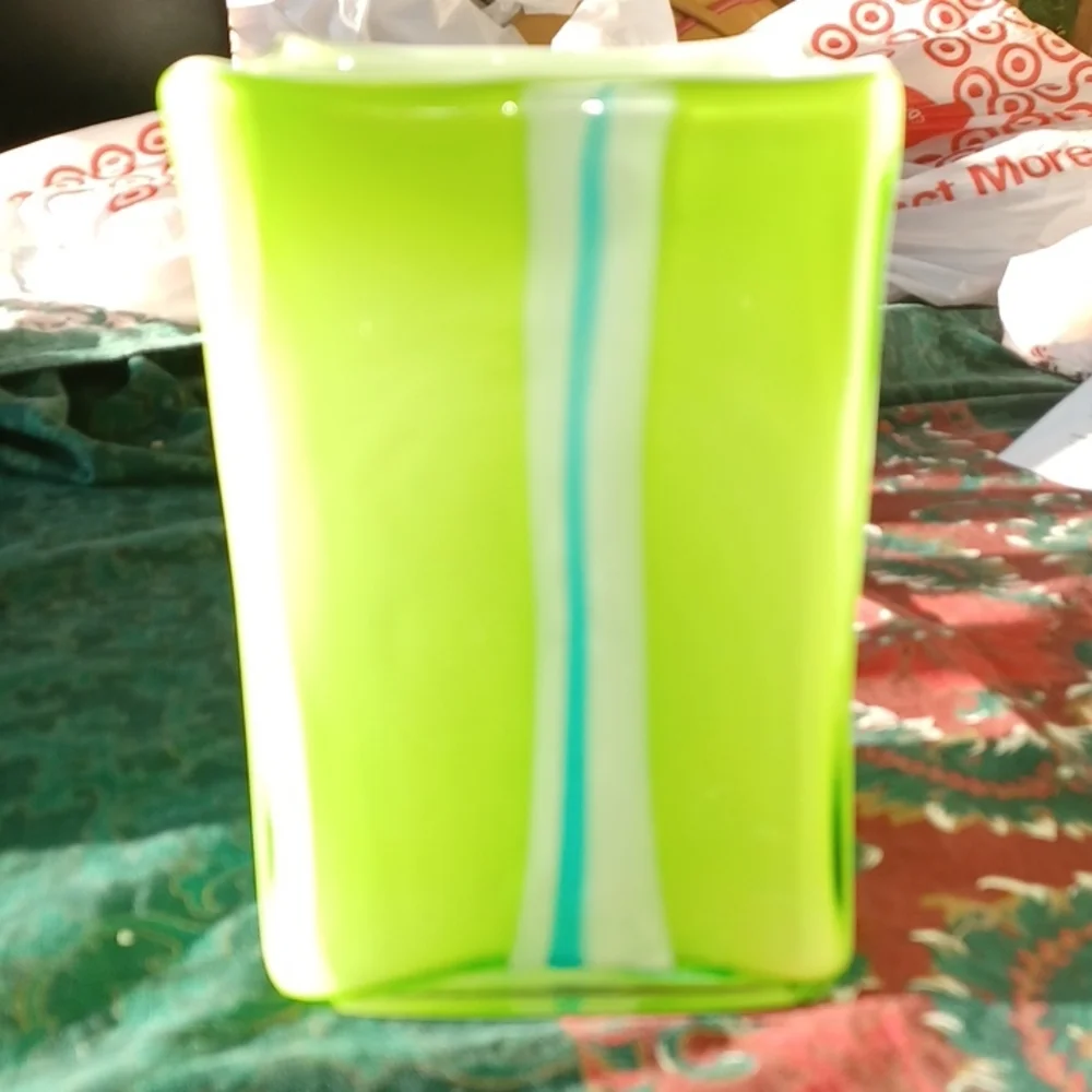 Vintage hand-blown green & blue & white vase, 7